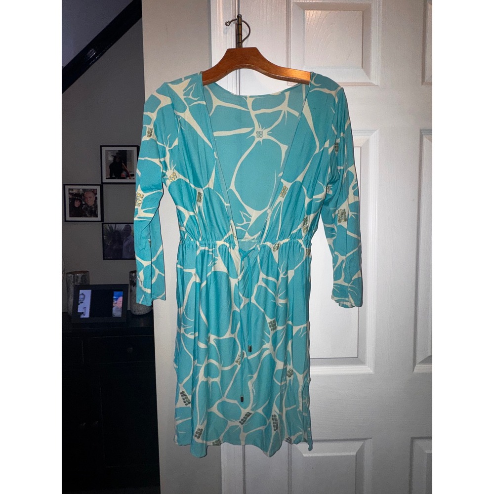 Tara Grinna Blue White Abstract Floral Swim Cover Up Dress Metallic Gold Size M‎